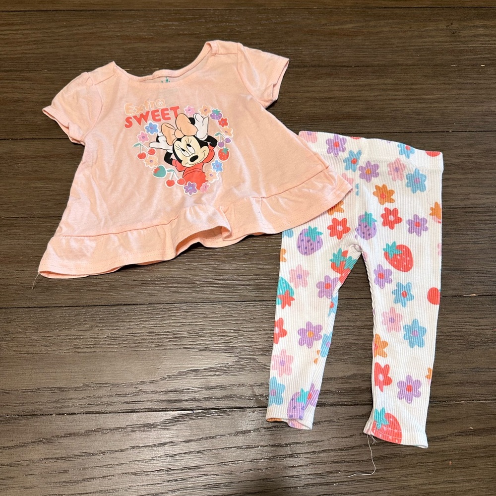 6/9mth Disney Baby Peach Minnie Mouse Floral/Fruit top and leggings